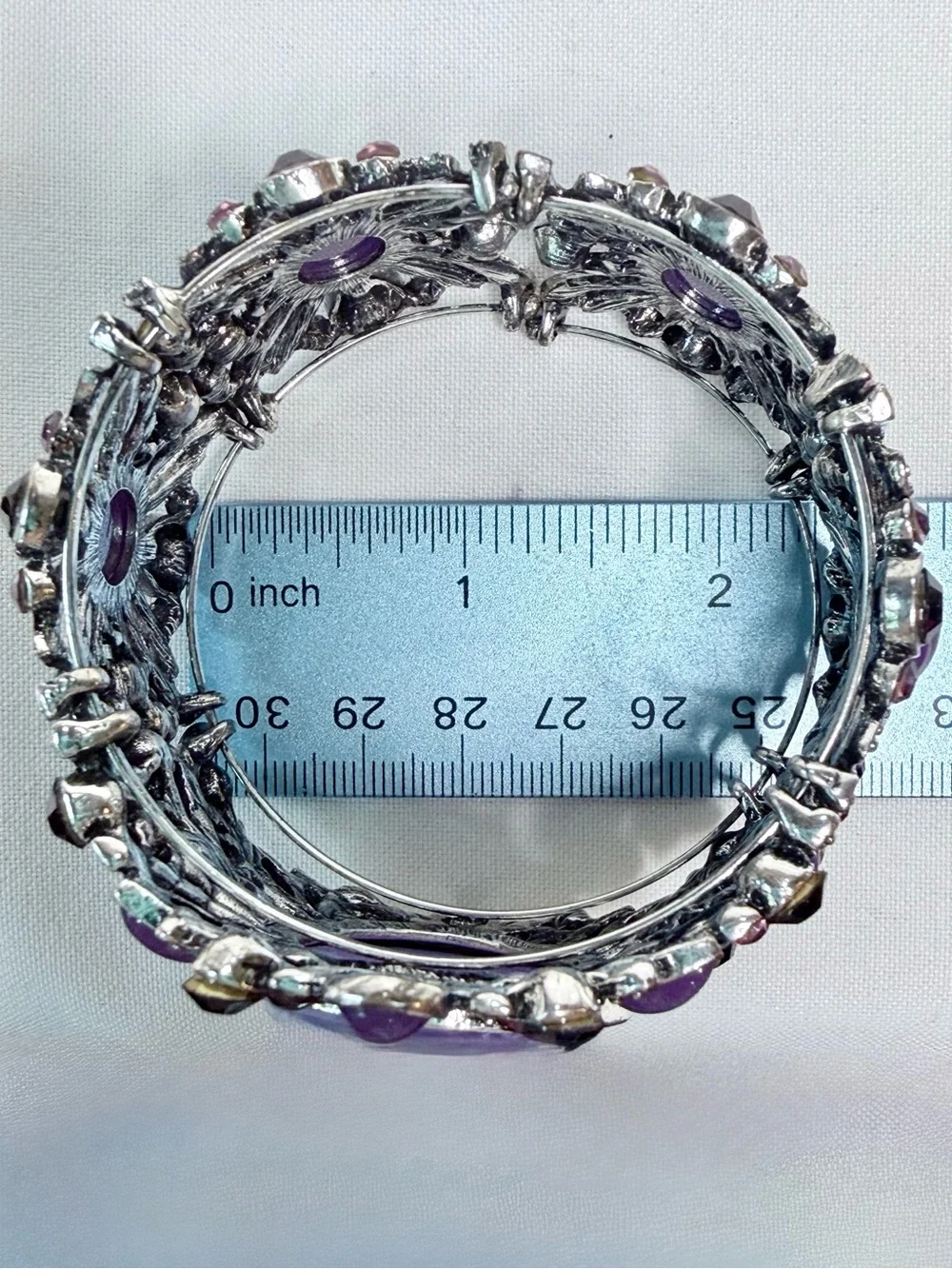 Victorian Revival Purple Cameo‎ Cuff Bracelet Silver Tone Filigree Rhinestones